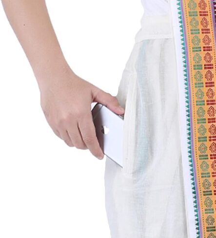 مجموعة مناشف PRAKASAM COTTON الرجالية المتوافقة مع Panchakacham الجاهزة (جاهزة للارتداء) مع جيب - مقاس حر (أبيض فاتح) in Kuwait