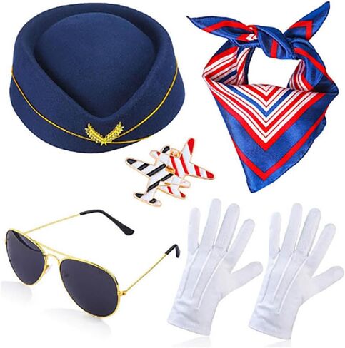 Flight Costume Set Beret Scarf White Gloves Sunglasses Airplane Pin Role Play Party Halloween Cosplay in Saudi Arabia