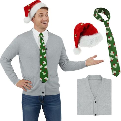 Clark Christmas Costume Clark Cardigan Sweater Christmas Tie Santa Hat with Bell for Adults Halloween Holiday Party in Saudi Arabia