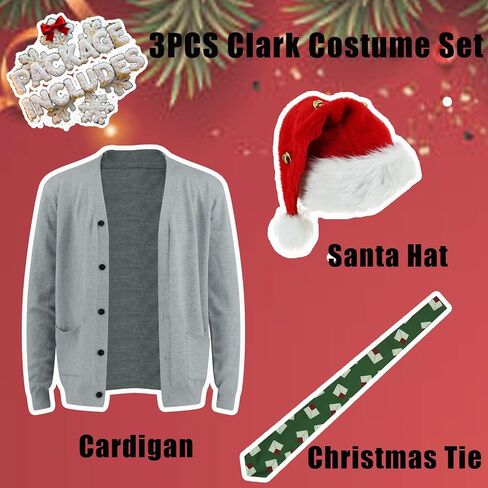 Clark Christmas Costume Clark Cardigan Sweater Christmas Tie Santa Hat with Bell for Adults Halloween Holiday Party in Saudi Arabia