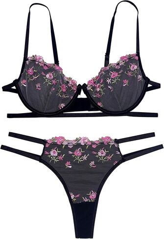 2 Piece Sexy Lingerie for Women, Embroidered Push Up Bra and Panty Set,Cut-Out Lingerie Set for Women in Kuwait