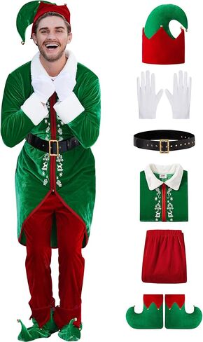 Arvilhill 6 Pcs Men's Christmas Elf Costume Deluxe Santa Helper Outfits with Coat Pants Hat Gloves Belt Green S in Saudi Arabia
