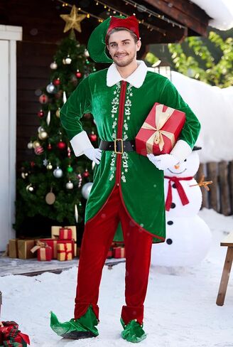 Arvilhill 6 Pcs Men's Christmas Elf Costume Deluxe Santa Helper Outfits with Coat Pants Hat Gloves Belt Green S in Saudi Arabia