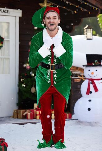 Arvilhill 6 Pcs Men's Christmas Elf Costume Deluxe Santa Helper Outfits with Coat Pants Hat Gloves Belt Green S in Saudi Arabia