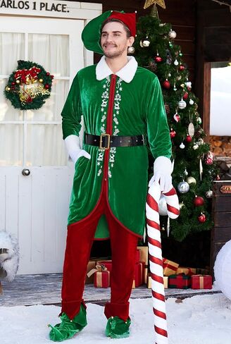 Arvilhill 6 Pcs Men's Christmas Elf Costume Deluxe Santa Helper Outfits with Coat Pants Hat Gloves Belt Green S in Saudi Arabia