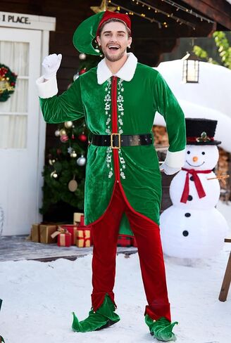 Arvilhill 6 Pcs Men's Christmas Elf Costume Deluxe Santa Helper Outfits with Coat Pants Hat Gloves Belt Green S in Saudi Arabia