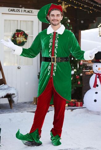 Arvilhill 6 Pcs Men's Christmas Elf Costume Deluxe Santa Helper Outfits with Coat Pants Hat Gloves Belt Green S in Saudi Arabia