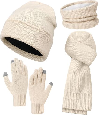 4 Pcs Winter Warm Beanie Hat Scarf Gloves Neck Gaiter Set, Knit Hat Gloves Warmer Long Scarf for Men, Women in Saudi Arabia