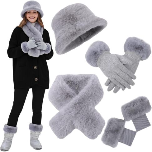 Suhine 4 Pcs Winter Faux Fur Set Fur Collar Fuzzy Bucket Hat Scarf Gloves Boot Cuff Warmer for Women Outdoor Furry Costume in Saudi Arabia