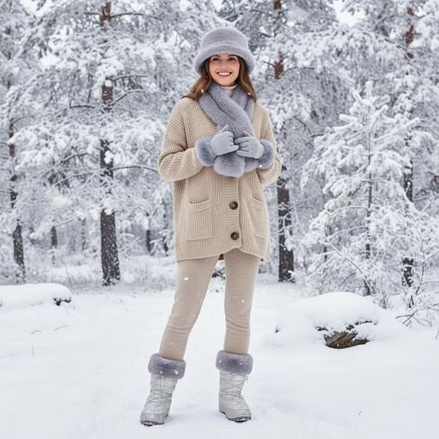 Suhine 4 Pcs Winter Faux Fur Set Fur Collar Fuzzy Bucket Hat Scarf Gloves Boot Cuff Warmer for Women Outdoor Furry Costume in Saudi Arabia