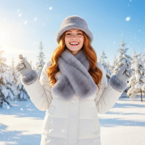 Suhine 4 Pcs Winter Faux Fur Set Fur Collar Fuzzy Bucket Hat Scarf Gloves Boot Cuff Warmer for Women Outdoor Furry Costume in Saudi Arabia