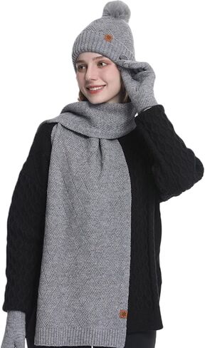 Winter Beanie Hat, Scarf, Gloves Set for Women – Soft, Warm, Touchscreen-Compatible, Fleece-Lined Knit Beanie with Pom Pom in Saudi Arabia