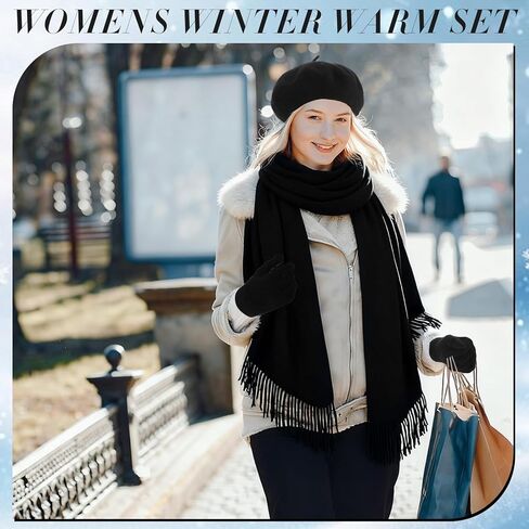 3 Pack Beret Hat Scarf Glove Set French Hat Pashmina Shawl Scarf Winter Gloves Set Women Christmas Clod Weather in Saudi Arabia