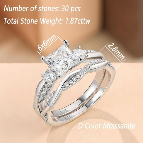 1 CT Moissanite Wedding Rings for Women D Color VVS1 Princess Cut Engagement Ring Bridal Sets Twisted Infinity Bands 925 Sterling Silver in Saudi Arabia