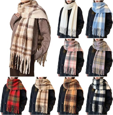 8 Pcs Women Scarf Bulk Christmas Plaid Long Winter Scarves Cashmere Feel Shawl with Tassel Large Chunky Blanket Scarf Warm Thick Wrap Poncho for Women Gifts in Saudi Arabia