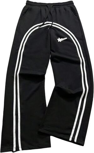 Teen Boys' Y2k Baggy Sweatpants Wide Leg Stripe Track Straight Pants Drawstring Cuffs Loose Fit Pant Black in Saudi Arabia