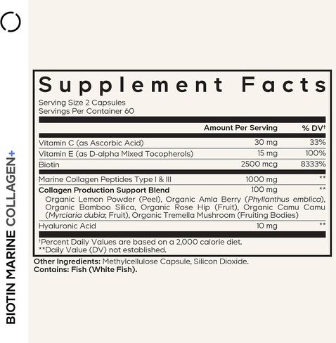 Codeage Biotin Marine Collagen Peptides - Wild-Caught Marine Collagen Types I & III, Biotin, Vitamins C & E, Hyaluronic Acid, Amino Acids, Fruit and Herb Blend, Non-GMO - 120 Capsules in Saudi Arabia