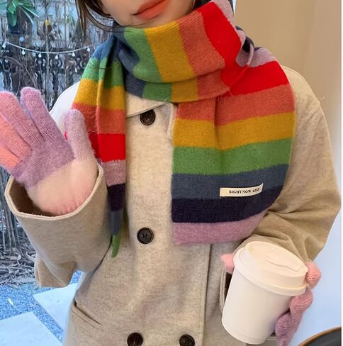 Fashion Rainbow Striped Scarf Winter Thick Knit Wool Scarves Holiday Gifts in Saudi Arabia