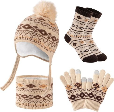 Comfoex 4 Pcs Kids Winter Beanie Hat Gloves Scarf Sock Set Neck Warmer Gaiter Knitted Fleece Lined Thermal Set for Boys Girls in Saudi Arabia