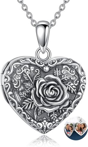 TIGER RIDER Rose Heart 925 Sterling Silver Locket Necklace Flower Pendant that Hold Picture Jewelry Gift for Women Birthday Christmas in Saudi Arabia