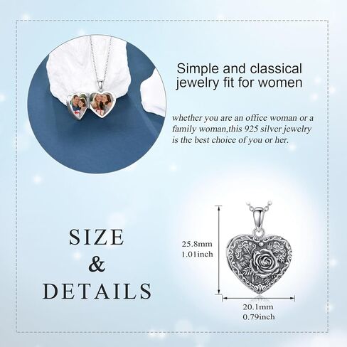 TIGER RIDER Rose Heart 925 Sterling Silver Locket Necklace Flower Pendant that Hold Picture Jewelry Gift for Women Birthday Christmas in Saudi Arabia