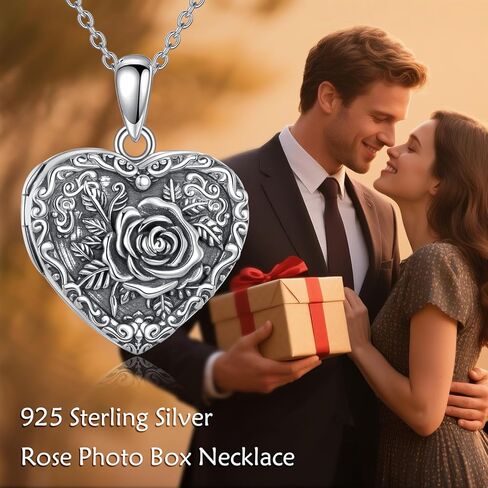 TIGER RIDER Rose Heart 925 Sterling Silver Locket Necklace Flower Pendant that Hold Picture Jewelry Gift for Women Birthday Christmas in Saudi Arabia