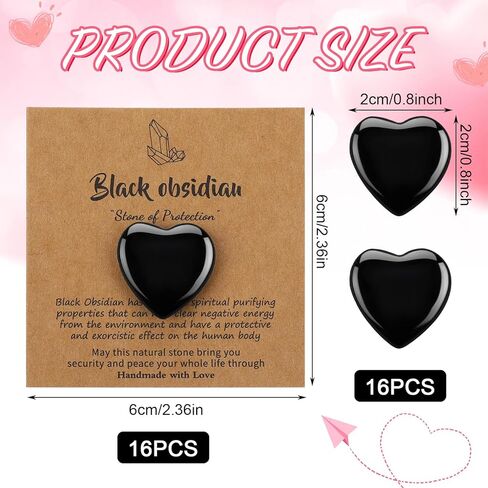 32 Pack Black Obsidian Heart Stone Valentine's Gift Sets Bulk 0.8 Inch 16 Pcs Crystal Gemstone Crystals Rock With16 Pcs Cards Valentine's Gifts for Men Women in Saudi Arabia