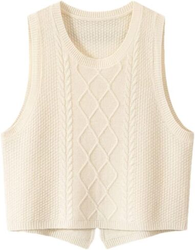 100% Cashmere Women's Solid Knitted Sweater Vest Short Sleeveless Pullover Sweater Slit Back (Beige L) in Saudi Arabia