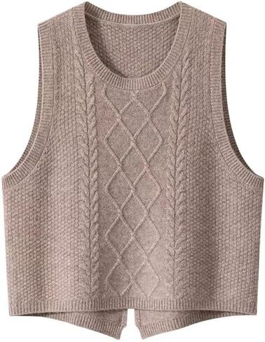 100% Cashmere Women's Solid Knitted Sweater Vest Short Sleeveless Pullover Sweater Slit Back (Beige L) in Saudi Arabia