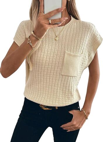 Womens Short Sleeve Sweaters Summer Cap Sleeve Tops Casual Crewneck Oversized Lightweight Knit Sweater Vest in Saudi Arabia