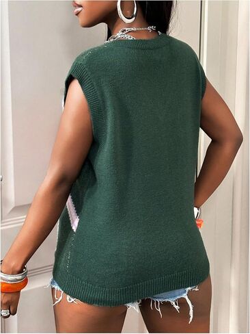 WDIRARA Women's Graphic Sweater Vests V Neck Sleeveless Loose Knit Tank Tops in Saudi Arabia