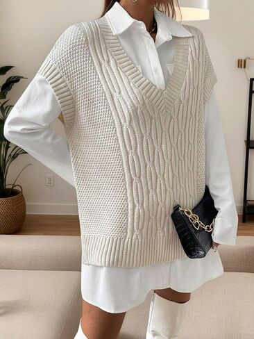 Womens V Neck Sleeveless Cable Knit Sweater Vest Twist Loose Summer Casual Sweaters in Saudi Arabia