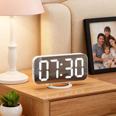 Slim Digital Mirror Aesthetic Alarm Clock for Bedrooms Desk Decor - Plug in Electric Big LED Modern Small Clock for Office Living Room, 3 Levels Brightness, White in Saudi Arabia