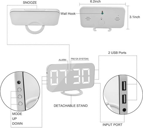 Slim Digital Mirror Aesthetic Alarm Clock for Bedrooms Desk Decor - Plug in Electric Big LED Modern Small Clock for Office Living Room, 3 Levels Brightness, White in Saudi Arabia