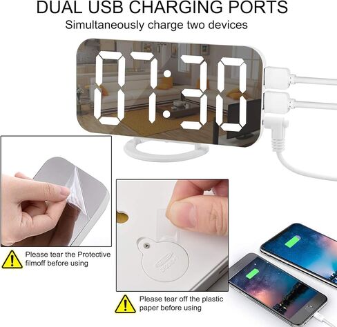 Slim Digital Mirror Aesthetic Alarm Clock for Bedrooms Desk Decor - Plug in Electric Big LED Modern Small Clock for Office Living Room, 3 Levels Brightness, White in Saudi Arabia