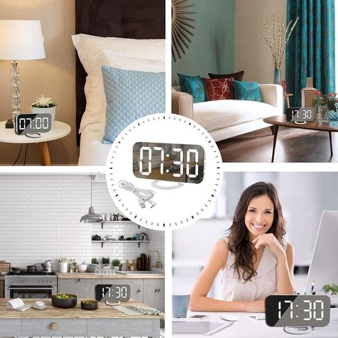 Slim Digital Mirror Aesthetic Alarm Clock for Bedrooms Desk Decor - Plug in Electric Big LED Modern Small Clock for Office Living Room, 3 Levels Brightness, White in Saudi Arabia