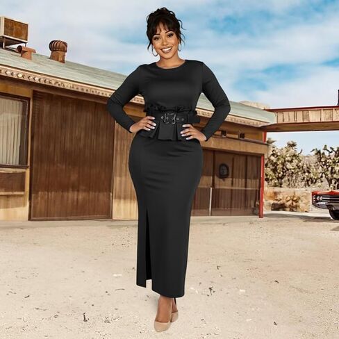 Womens Long Sleeve Elegant Formal Belted Peplum Ruffle Midi Pencil Work Church Cocktail Dresses in Saudi Arabia