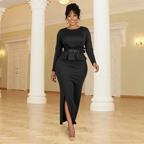 Womens Long Sleeve Elegant Formal Belted Peplum Ruffle Midi Pencil Work Church Cocktail Dresses in Saudi Arabia