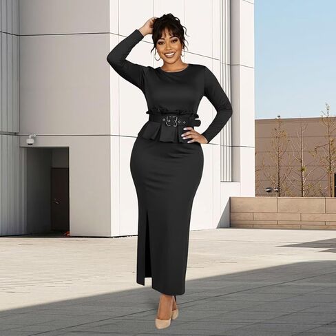 Womens Long Sleeve Elegant Formal Belted Peplum Ruffle Midi Pencil Work Church Cocktail Dresses in Saudi Arabia