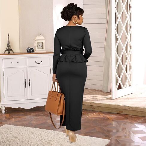 Womens Long Sleeve Elegant Formal Belted Peplum Ruffle Midi Pencil Work Church Cocktail Dresses in Saudi Arabia