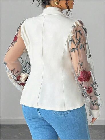 Floerns Women's Plus Size Floral Mesh Blazer Jacket Button Down Long Sleeve Business Casual Outfit in Saudi Arabia