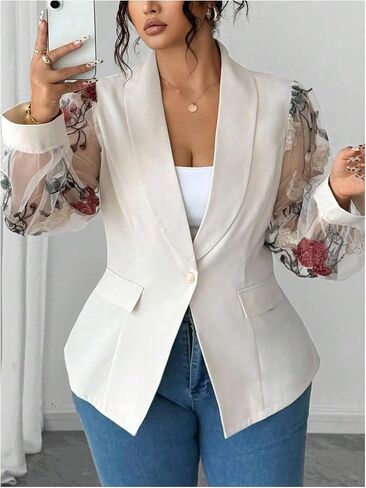 Floerns Women's Plus Size Floral Mesh Blazer Jacket Button Down Long Sleeve Business Casual Outfit in Saudi Arabia