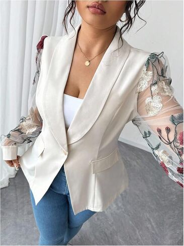 Floerns Women's Plus Size Floral Mesh Blazer Jacket Button Down Long Sleeve Business Casual Outfit in Saudi Arabia