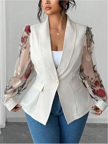Floerns Women's Plus Size Floral Mesh Blazer Jacket Button Down Long Sleeve Business Casual Outfit in Saudi Arabia