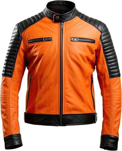 Buy & Catch Online Store Men Cafe Racer Orange Motorcycle Jacket Quilted Leather Biker Zipper Rider Moto Jacket, Small in Saudi Arabia