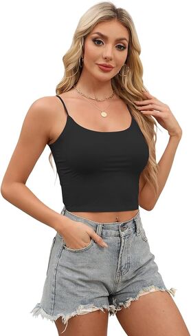 Buauty 4 Packs Crop Tops Spaghetti Strap Tank Tops for Women, Basic cami Crop Tank top Double Lined Camisole Tops, Thin Strap Bralette Tank Tops for Women Black+White+Grey+Brown, XL in Saudi Arabia