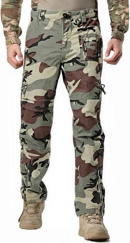Men's Cargo Work Pants Camo Cotton Tactical Military Ripstop Hiking with Multi Zipper Pockets in Saudi Arabia