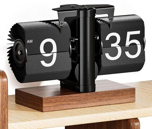 Retro Analog Flip Down Clock, Mechanical Digital Flip Desk Clock Vintage, Classic Flipping Table Clock Battery Powered Internal Gear Operated with Black Walnut Base for Home Office Decor in Kuwait