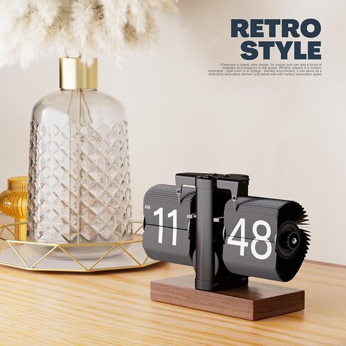 Retro Analog Flip Down Clock, Mechanical Digital Flip Desk Clock Vintage, Classic Flipping Table Clock Battery Powered Internal Gear Operated with Black Walnut Base for Home Office Decor in Kuwait
