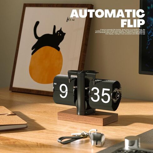 Retro Analog Flip Down Clock, Mechanical Digital Flip Desk Clock Vintage, Classic Flipping Table Clock Battery Powered Internal Gear Operated with Black Walnut Base for Home Office Decor in Kuwait